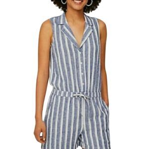 NWT Loft Blue & White Striped Button Up Romper Linen Women's Size 14